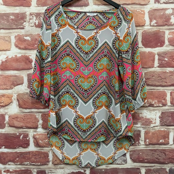 PEACH LOVE CALIFORNIA PINK MULTICOLOR BOHO FLORAL PULLOVER BLOUSE - Picture 1 of 8